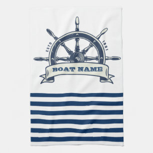 Nautical Boat Wheel, Navy Blue White Stripes Theedoek