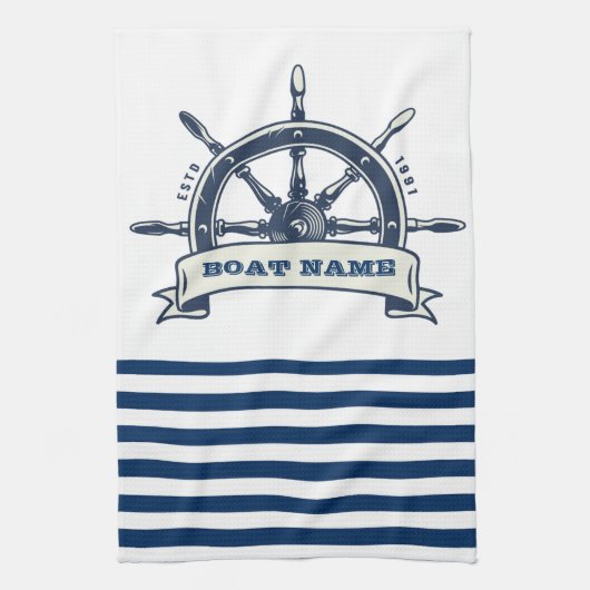 Nautical Boat Wheel, Navy Blue White Stripes Theedoek (Verticaal)