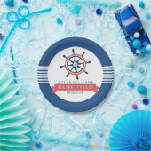 Nautical Boat Wheel & Stripes van Navy Blue Papieren Bordje (Feest)