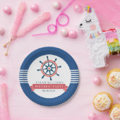 Nautical Boat Wheel & Stripes van Navy Blue Papieren Bordje (Feest)