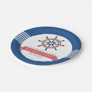 Nautical Boat Wheel & Stripes van Navy Blue Papieren Bordje