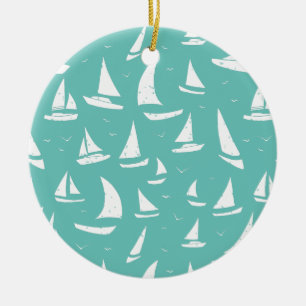 Nautical Boats Blue and White, gepersonaliseerd Keramisch Ornament