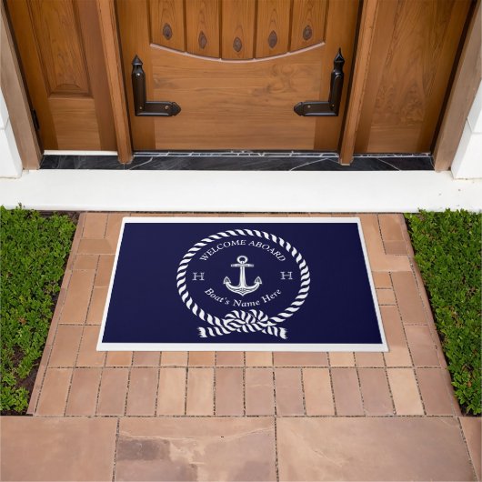 Nautical Boot Naam Anker Donker Navy Blauw Welkom Deurmat (Buiten)