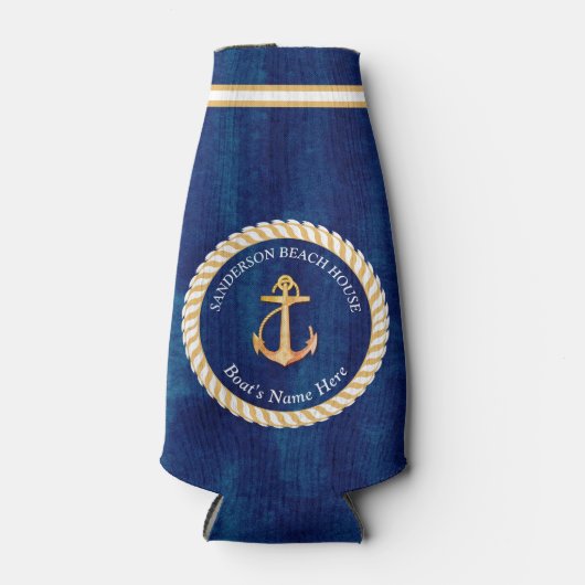 Nautical Boot Naam Anker Navy Blauw en Geel Flesjeskoeler (Voorkant)