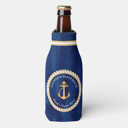 Nautical Boot Naam Anker Navy Blauw en Geel Flesjeskoeler (Fles Voorkant)