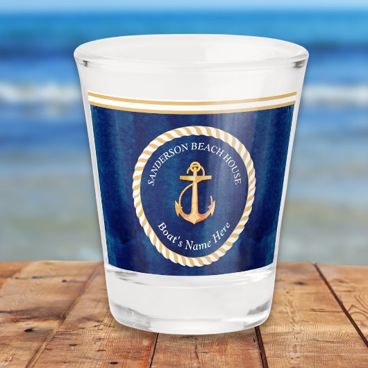 Nautical Boot Naam Anker Navy Blauw en Geel Shot Glas