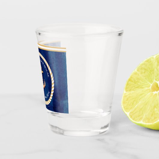 Nautical Boot Naam Anker Navy Blauw en Geel Shot Glas (Rechts)