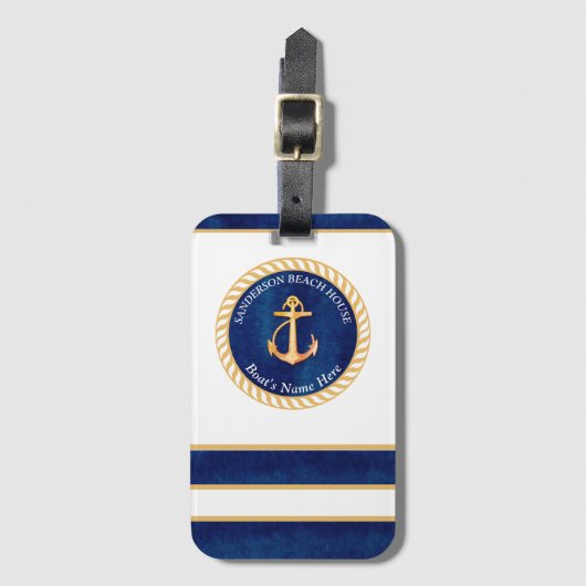 Nautical Boot Naam Anker Touw Navy Blauw Geel Bagagelabel (Voorkant (verticaal))