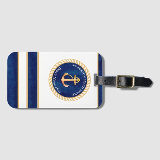 Nautical Boot Naam Anker Touw Navy Blauw Geel Bagagelabel (Voorkant (horizontaal))