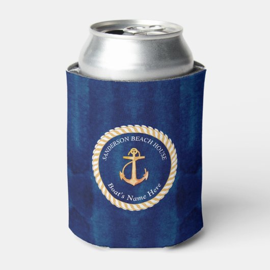 Nautical Boot Naam Anker Touw Navy Blauw Geel Blikjeskoeler (Blikje Voorkant)