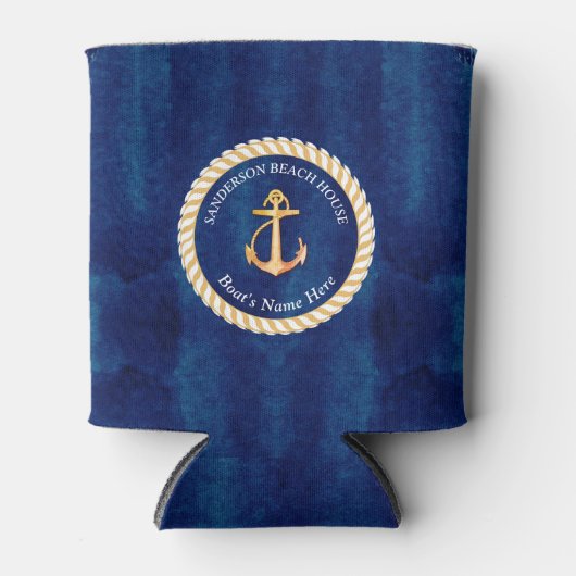 Nautical Boot Naam Anker Touw Navy Blauw Geel Blikjeskoeler (Voorkant)