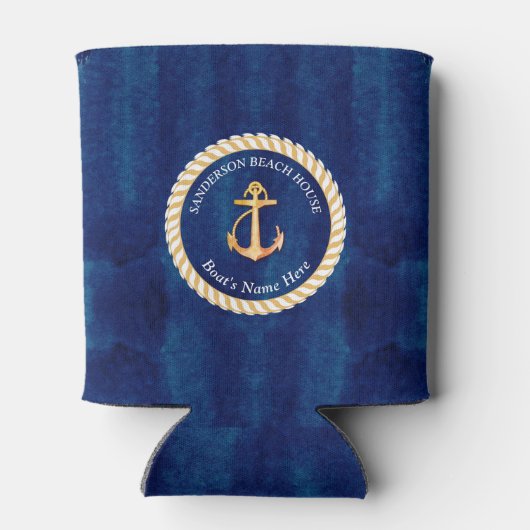 Nautical Boot Naam Anker Touw Navy Blauw Geel Blikjeskoeler (Achterkant)