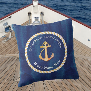 Nautical Boot Naam Anker Touw Navy Blauw Geel Buitenkussen