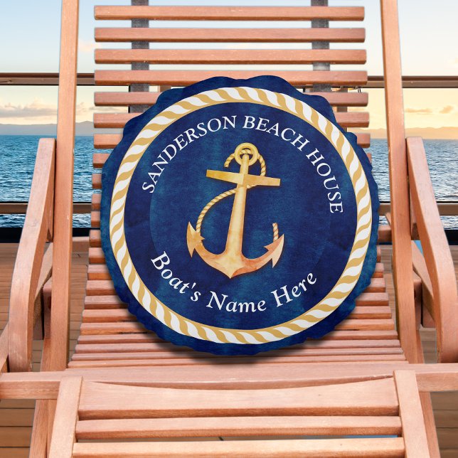 Nautical Boot Naam Anker Touw Navy Blauw Geel Rond Kussen (Creator heeft geüpload)