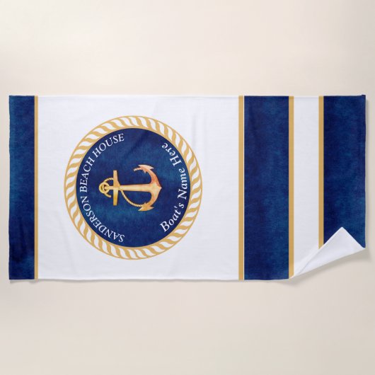 Nautical Boot Naam Anker Touw Navy Blauw Geel Strandlaken (Voorkant)