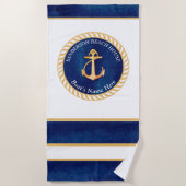 Nautical Boot Naam Anker Touw Navy Blauw Geel Strandlaken (Voorkant)