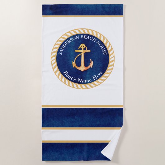 Nautical Boot Naam Anker Touw Navy Blauw Geel Strandlaken (Voorkant)