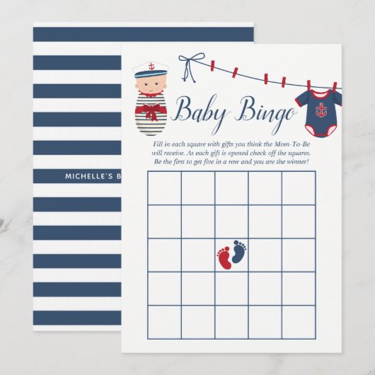 Nautical Boy Baby shower Baby Bingo Kaart (Voorkant / Achterkant)