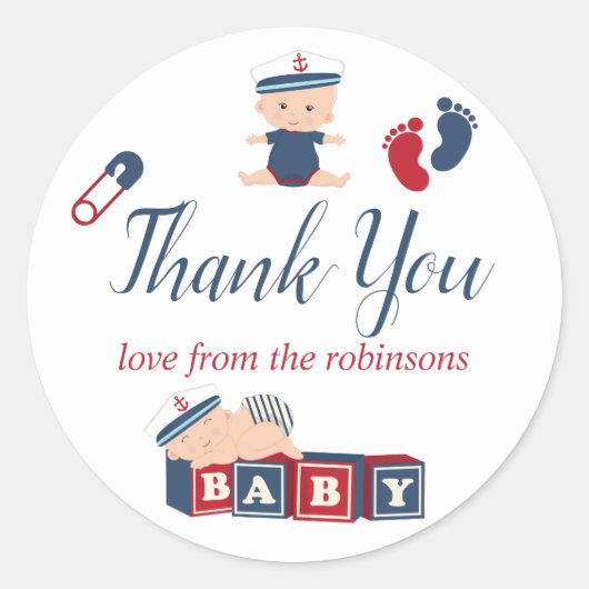 Nautical Boy Baby shower Dank u Ronde Sticker (Voorkant)