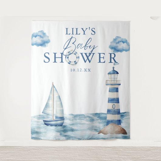 Nautical Boy Baby shower Foto Achtergrond Wandkleed (Voorkant)