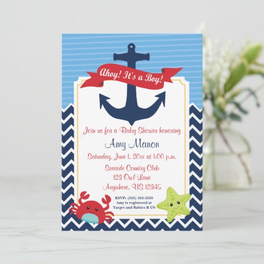 Nautical Boy Baby shower gepersonaliseerde uitnodi Kaart (Staand voorkant)