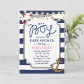 Nautical Boy Baby shower Gold Anchor Navy Stripes Kaart (Staand voorkant)