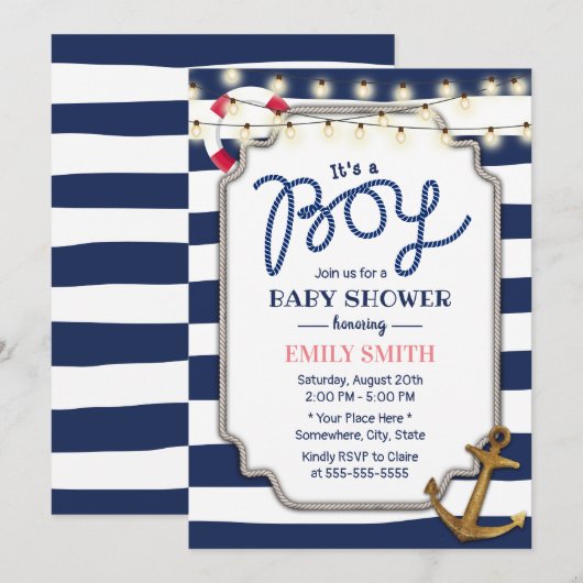 Nautical Boy Baby shower Gold Anchor Navy Stripes Kaart (Voorkant / Achterkant)