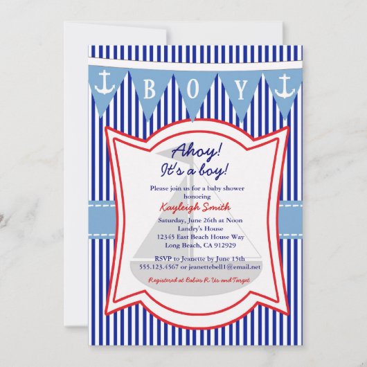 Nautical Boy Baby shower Invitation sailing Anchor Kaart (Voorkant)
