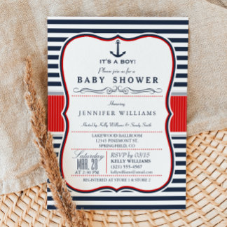 Nautical Boy Baby shower Invite; Navy en Red Kaart