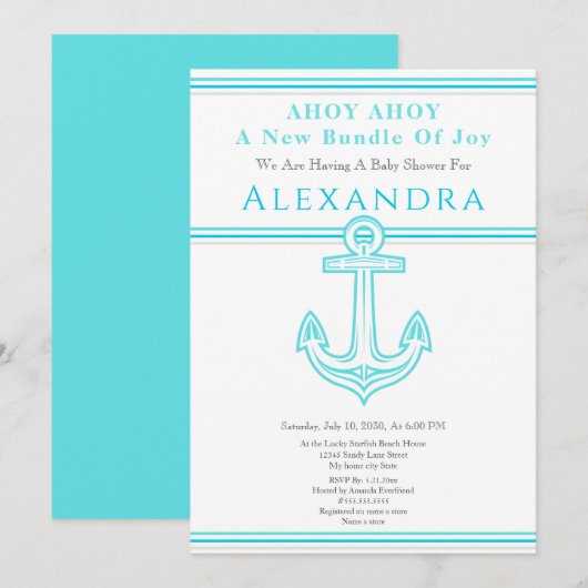 Nautical Boy Baby shower Turquoise Blauwgroen Anch (Voorkant / Achterkant)