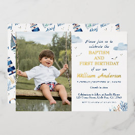Nautical Boy Baptism en 1st Birthday Foto Folie Uitnodiging