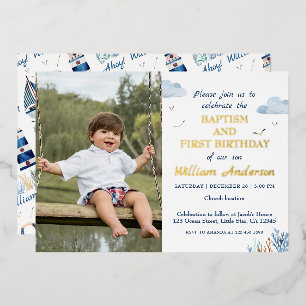 Nautical Boy Baptism en 1st Birthday Foto Folie Uitnodiging
