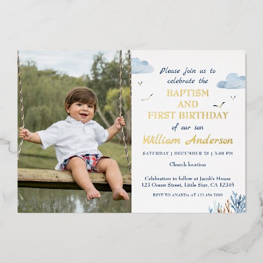 Nautical Boy Baptism en 1st Birthday Foto Folie Uitnodiging (Voorkant)
