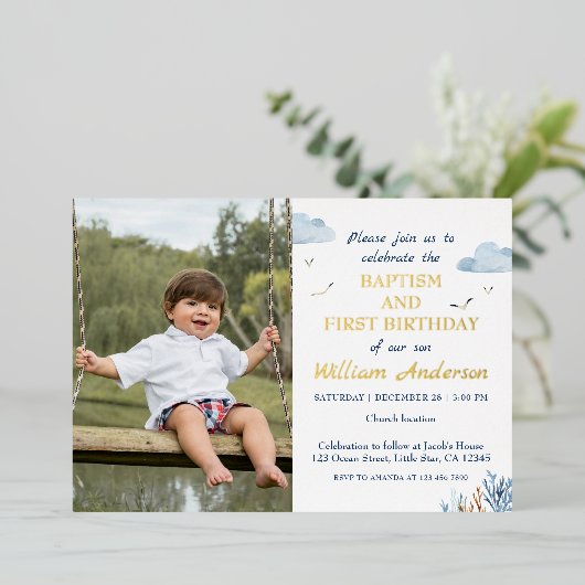 Nautical Boy Baptism en 1st Birthday Foto Folie Uitnodiging (Staand Voorkant)