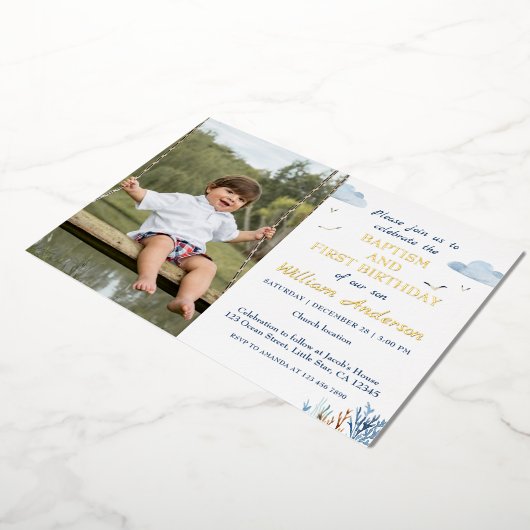 Nautical Boy Baptism en 1st Birthday Foto Folie Uitnodiging (Gedraaid)