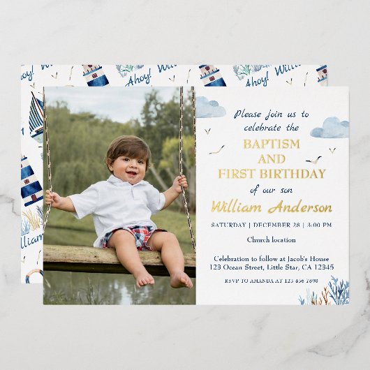 Nautical Boy Baptism en 1st Birthday Foto Folie Uitnodiging (Voorkant / Achterkant)