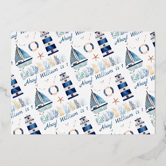 Nautical Boy Baptism en 1st Birthday Foto Folie Uitnodiging (Achterkant)
