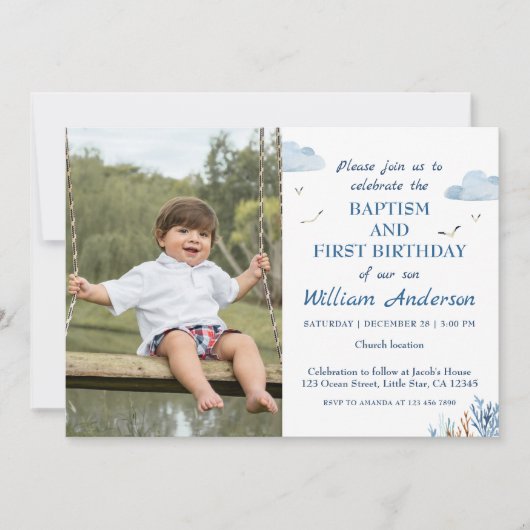Nautical Boy Baptism en 1st Birthday Foto Kaart (Voorkant)