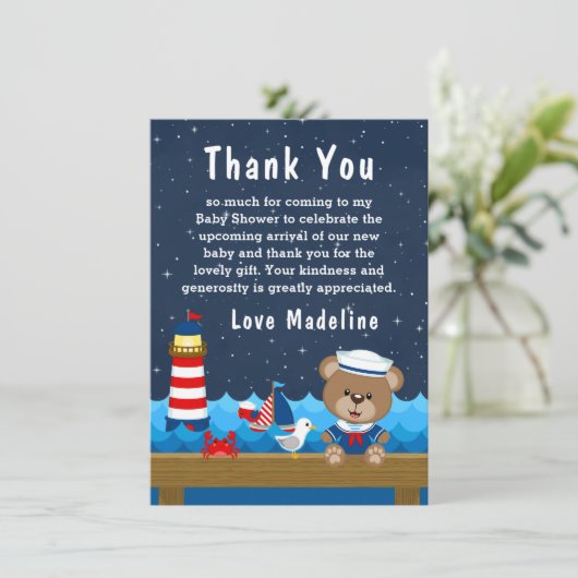 Nautical Boy Beer Red en Navy Baby shower Bedankkaart (Staand voorkant)