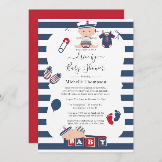 Nautical Boy drive by Baby shower Kaart (Voorkant / Achterkant)