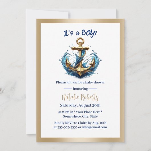 Nautical Boy Modern Goud Anker Baby shower Kaart (Voorkant)