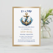 Nautical Boy Modern Goud Anker Baby shower Kaart (Staand voorkant)