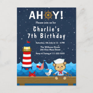 Nautical Boy Monkey Red and Navy Birthday Party Briefkaart