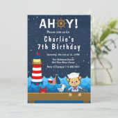 Nautical Boy Monkey Red and Navy Birthday Party Kaart (Staand voorkant)