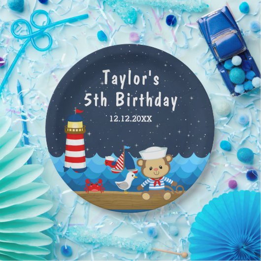 Nautical Boy Monkey Red and Navy Birthday Party Papieren Bordje (Feest)