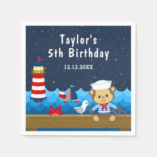 Nautical Boy Monkey Red and Navy Birthday Party Servet (Voorkant)