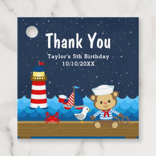 Nautical Boy Monkey Red Birthday Party Bedankjes Labels (Voorkant)