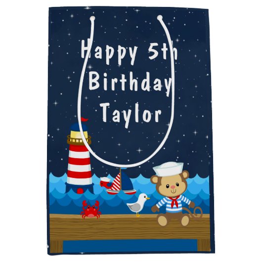 Nautical Boy Monkey Red en marine Happy Birthday Medium Cadeauzakje (Voorkant)