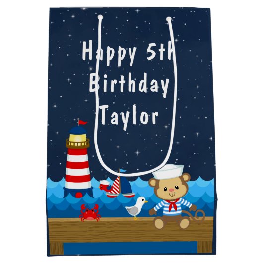 Nautical Boy Monkey Red en marine Happy Birthday Medium Cadeauzakje (Achterkant)