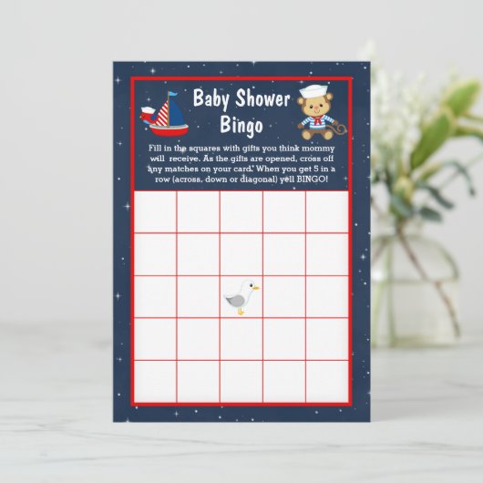 Nautical Boy Monkey Red en Navy Baby Bingo Kaart (Staand voorkant)